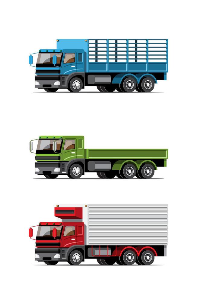 stora isolerade fordon vektor färgglada ikoner set, platta illustrationer av olika typer lastbil, logistisk kommersiella transport koncept.