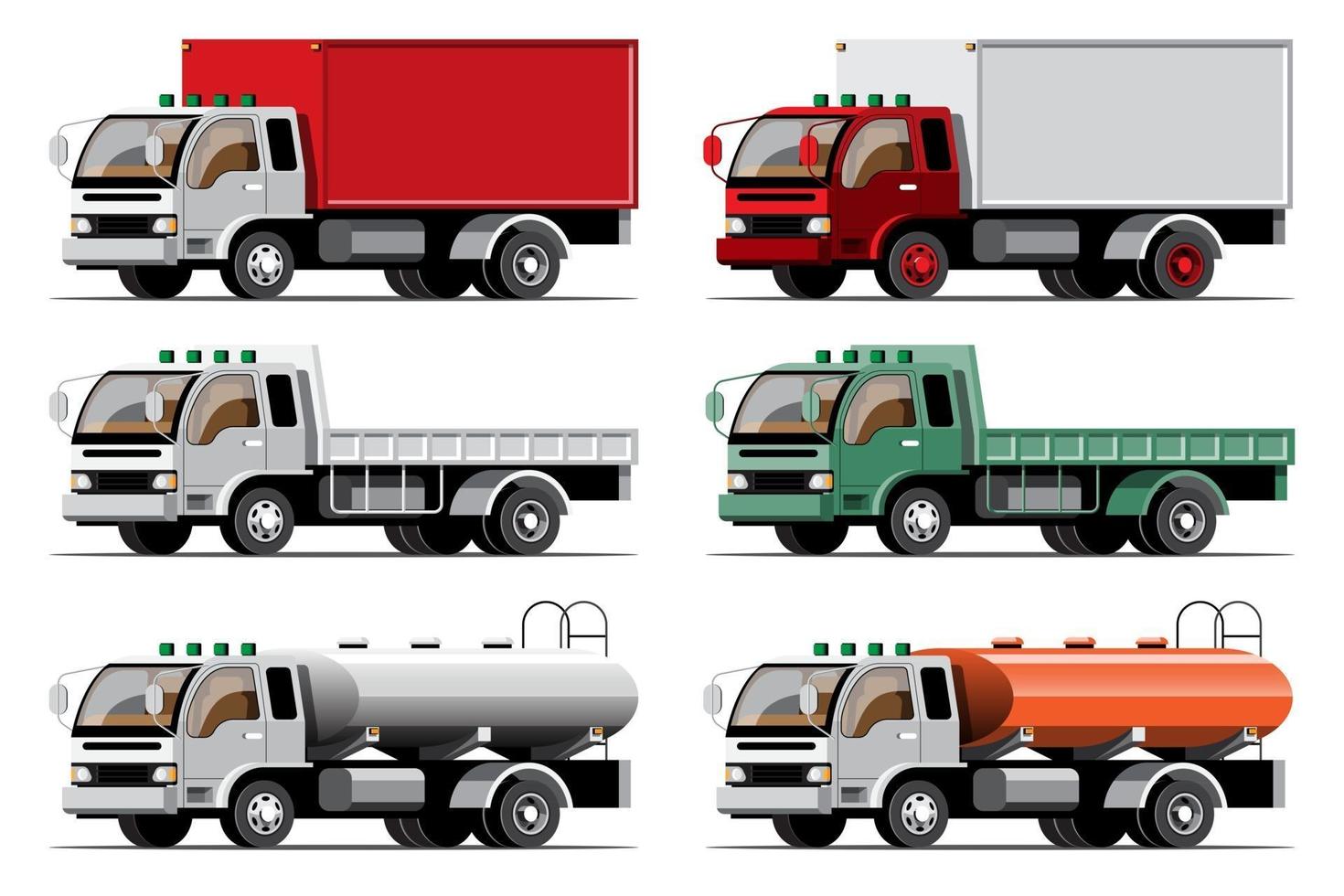 stora isolerade fordon vektor färgglada ikoner set, platta illustrationer av olika typer lastbil, logistisk kommersiella transport koncept.