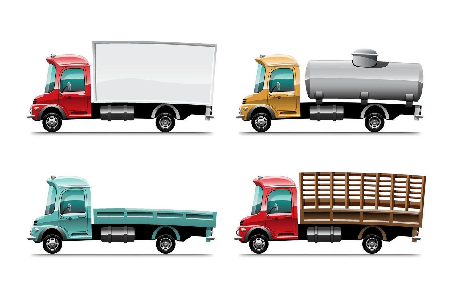 große isolierte Fahrzeugvektor bunte Icons Set, flache Illustrationen von verschiedenen LKW-Typen, logistisches Handelsverkehrskonzept. vektor