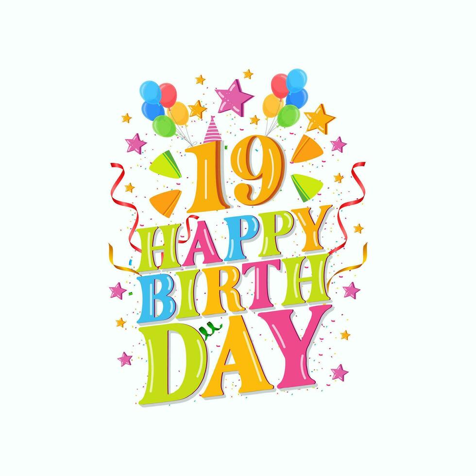 19:e Lycklig födelsedag logotyp med ballonger, vektor illustration design för födelsedag firande, hälsning kort och inbjudan kort.