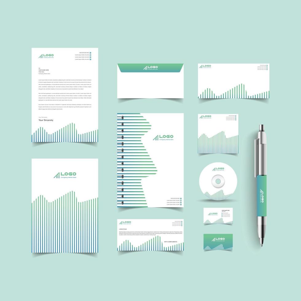 grön färg företagsidentitetsuppsättning. brevpapper mall design kit. branding mall redigerbart varumärkesidentitetspaket vektor