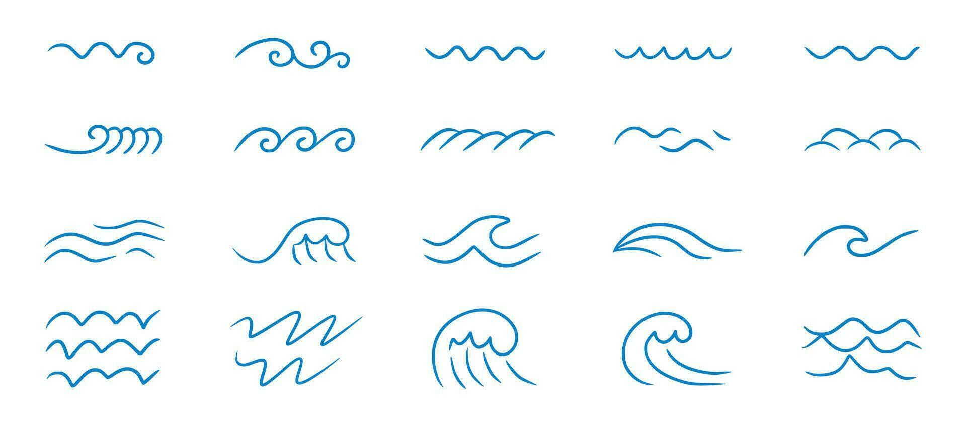 Vinka hav linje klotter ikon uppsättning. hand dragen skiss vatten Vinka översikt. enkel kurva, klottra aqua flöde. isolerat vektor