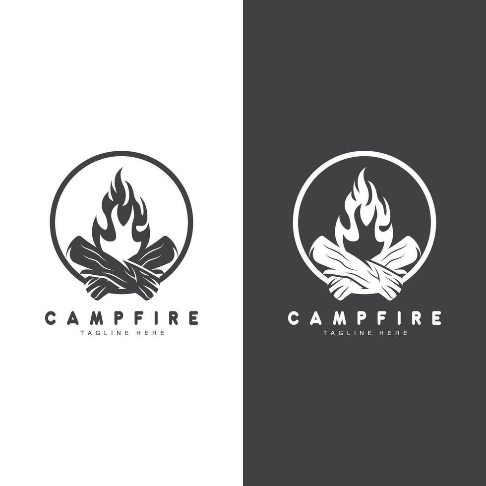 bål logotyp, trä brinnande och brand design, camping äventyr årgång vektor