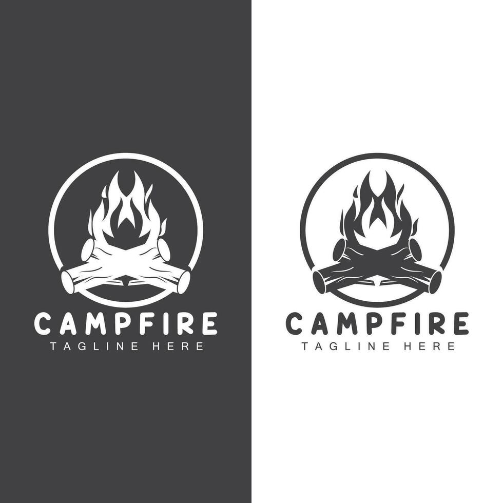 bål logotyp, trä brinnande och brand design, camping äventyr årgång vektor