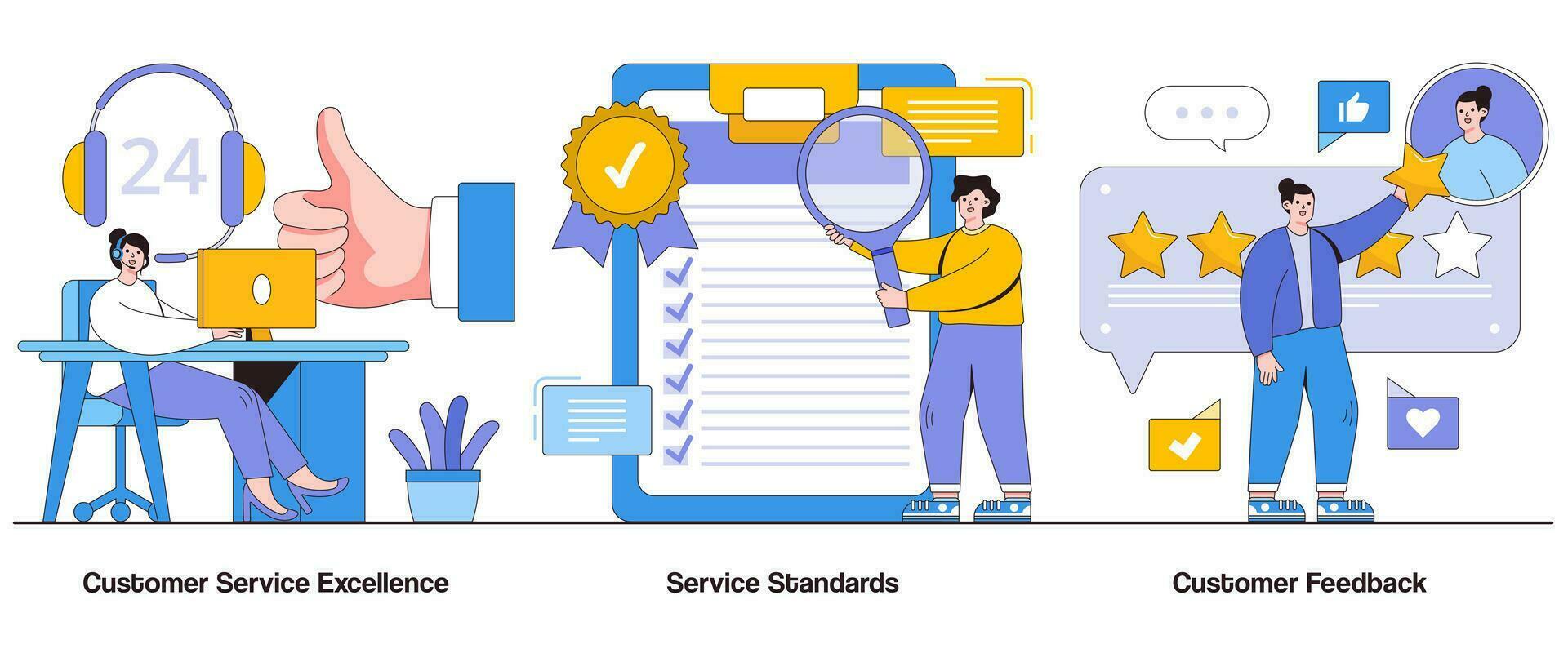 Kunde Bedienung Exzellenz, Bedienung Standards, Kunde Feedback Konzept mit Charakter. Kunde Unterstützung abstrakt Vektor Illustration Satz. kundenorientierte Ansatz, Bedienung Empfänglichkeit Metapher