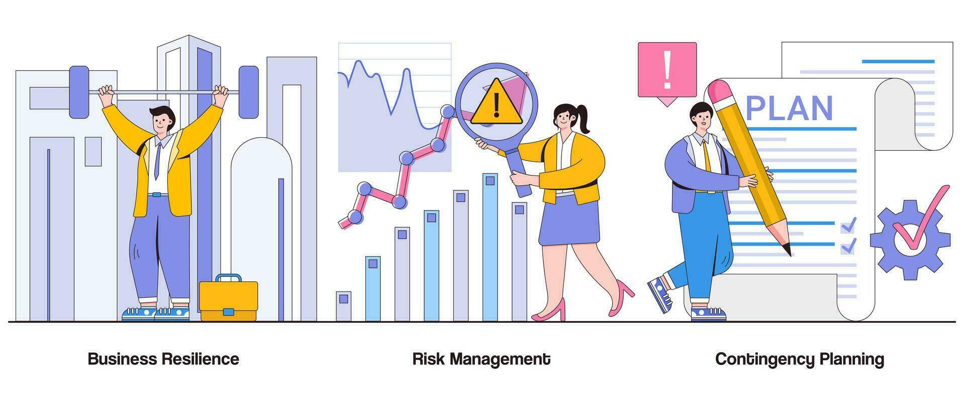 Geschäft Widerstandsfähigkeit, Risiko Management, Kontingenz Planung Konzept mit Charakter. Geschäft Kontinuität abstrakt Vektor Illustration Satz. Risiko Bewertung, Krise Antwort, adaptiv Strategien Metapher