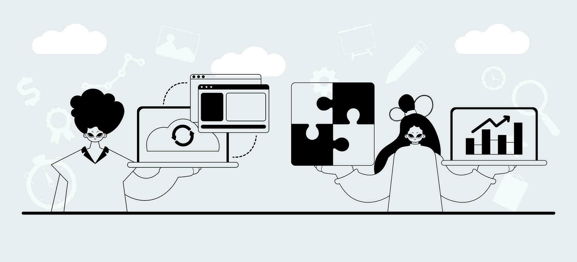 ein Mannschaft Das ist spezialisiert im SEO . modisch Exemplar im ein analog Benehmen. modisch Stil, Vektor Illustration