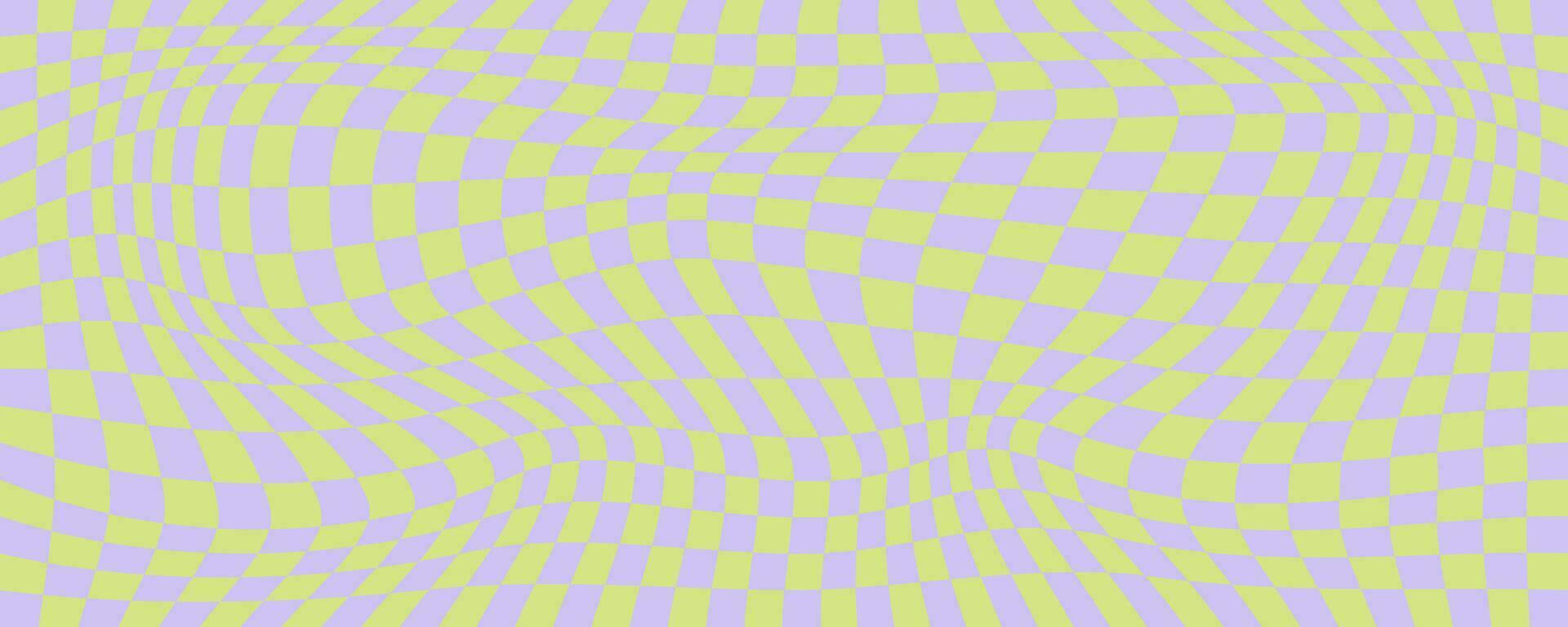 checkerboard mönster. lila och grön psychedelic vågig bakgrund. abstrakt rutnät varp textur. y2k schackbräde rave geometrisk design. vektor illustration.