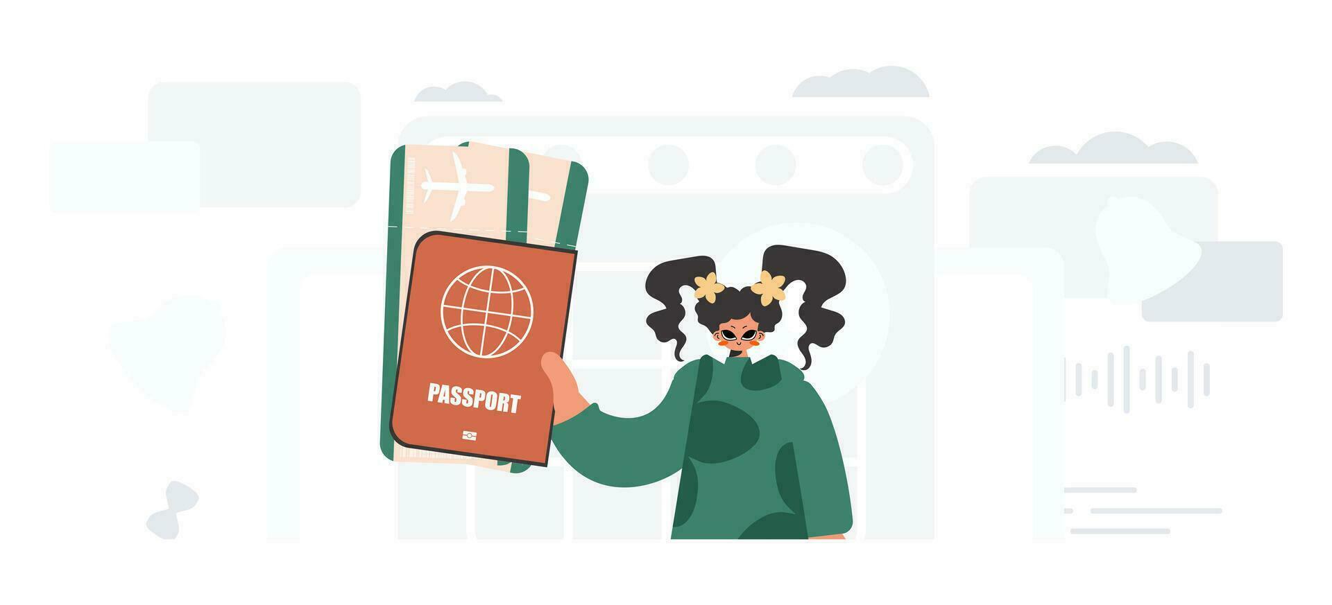 das jugendlich Frau hält ein Visa und untersuchen Tickets im seine Hände. das Konzept von sich ausruhen und Reise. modisch Stil, Vektor Illustration