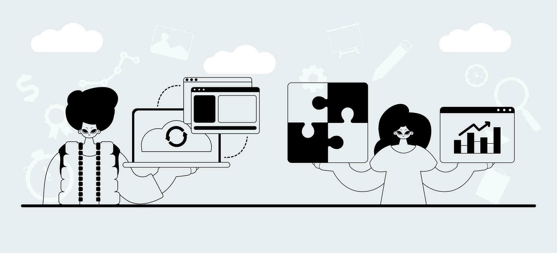 ein Mannschaft Das ist spezialisiert im SEO . modisch Exemplar im ein analog Benehmen. modisch Stil, Vektor Illustration