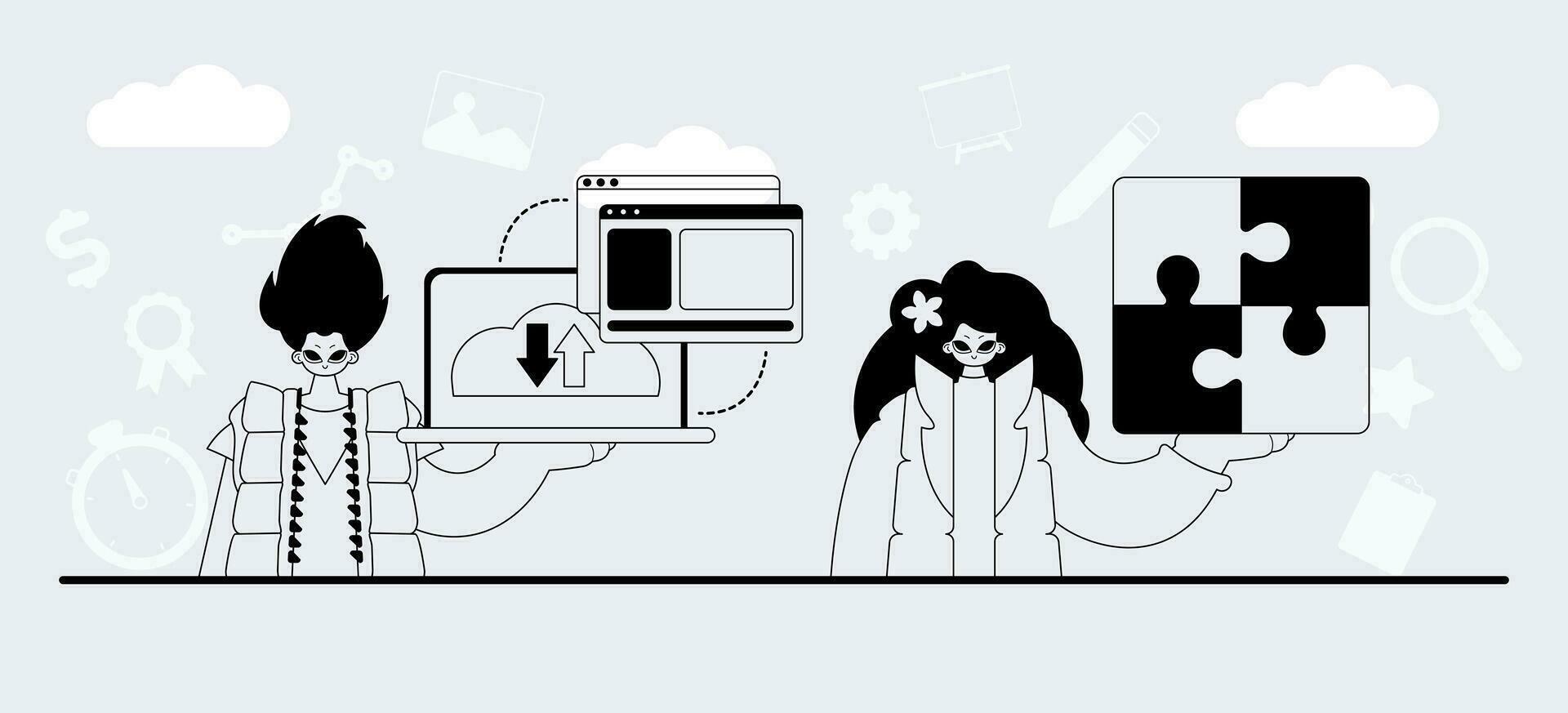 ein Mannschaft Das ist spezialisiert im SEO . modisch Exemplar im ein analog Benehmen. modisch Stil, Vektor Illustration