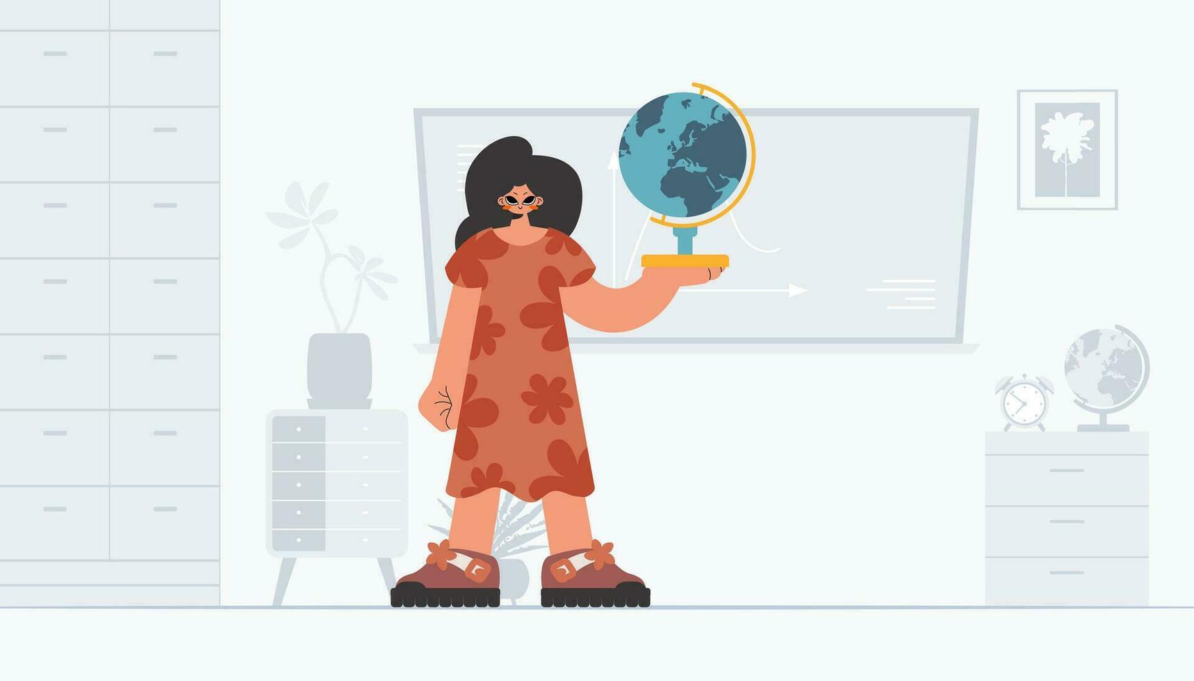 erregt Frau halten ein kolossal Globus, Lernen Thema. modisch Stil, Vektor Illustration