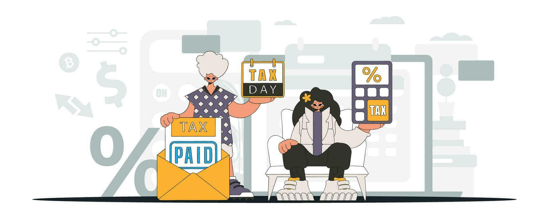 modisch Kerl und Mädchen zeigen bezahlen Steuern. ein Illustration demonstrieren das richtig Zahlung von Steuern. vektor