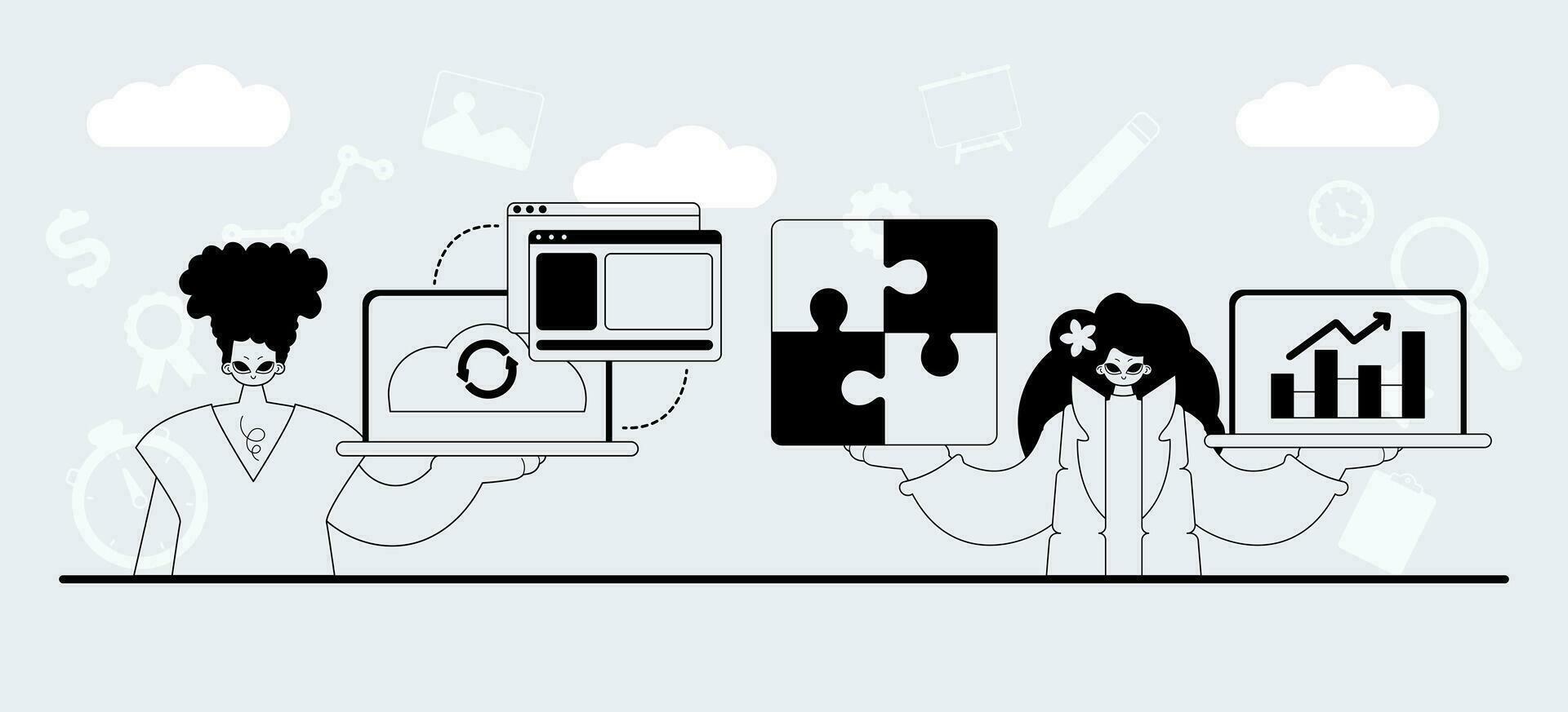 ein Mannschaft Das ist spezialisiert im SEO . modisch Exemplar im ein analog Benehmen. modisch Stil, Vektor Illustration