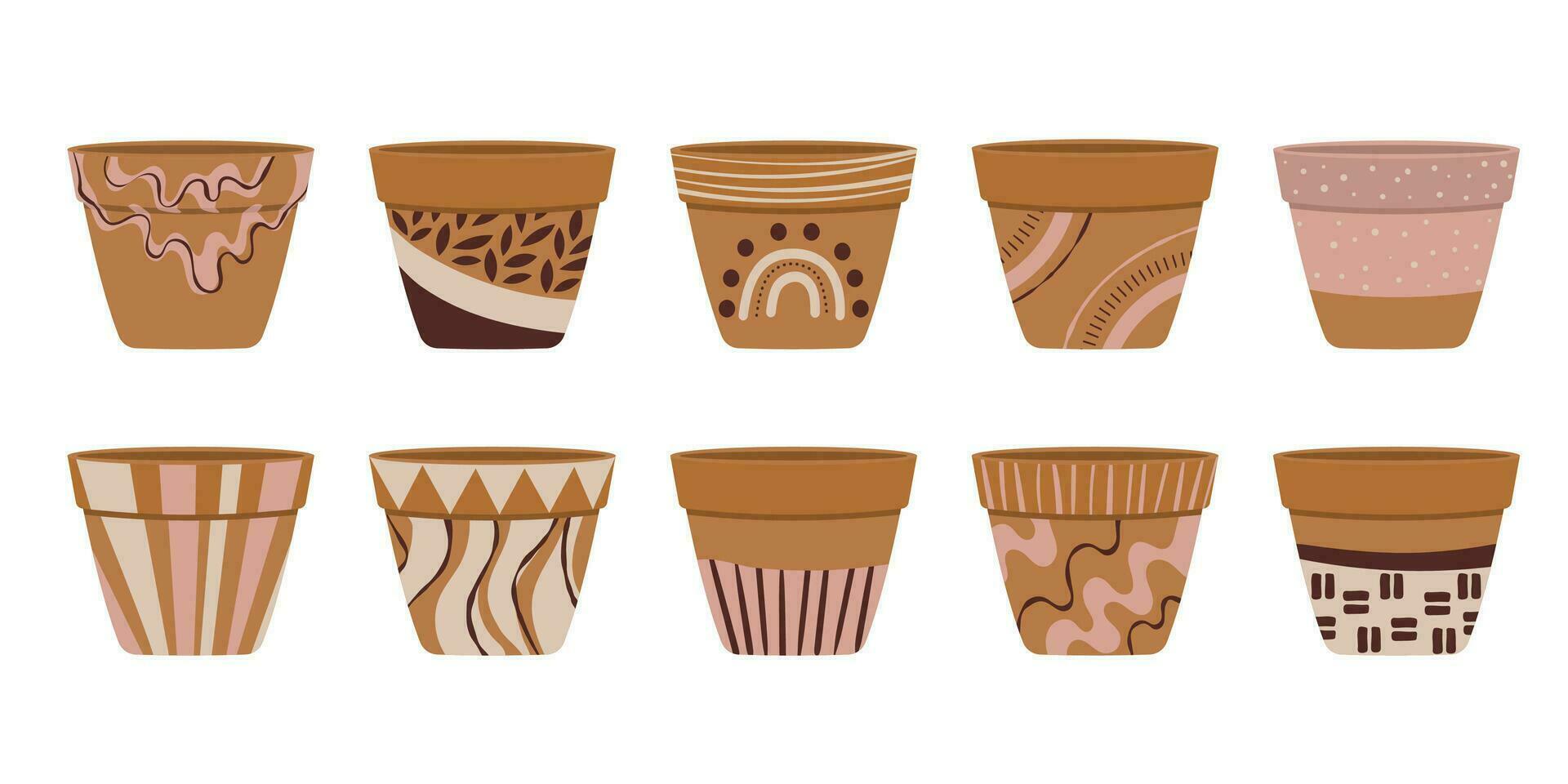 samling av tömma terrakotta blomma kastruller för Hem plantering. keramisk pott dekorerad med handmålad memphis stil. vektor