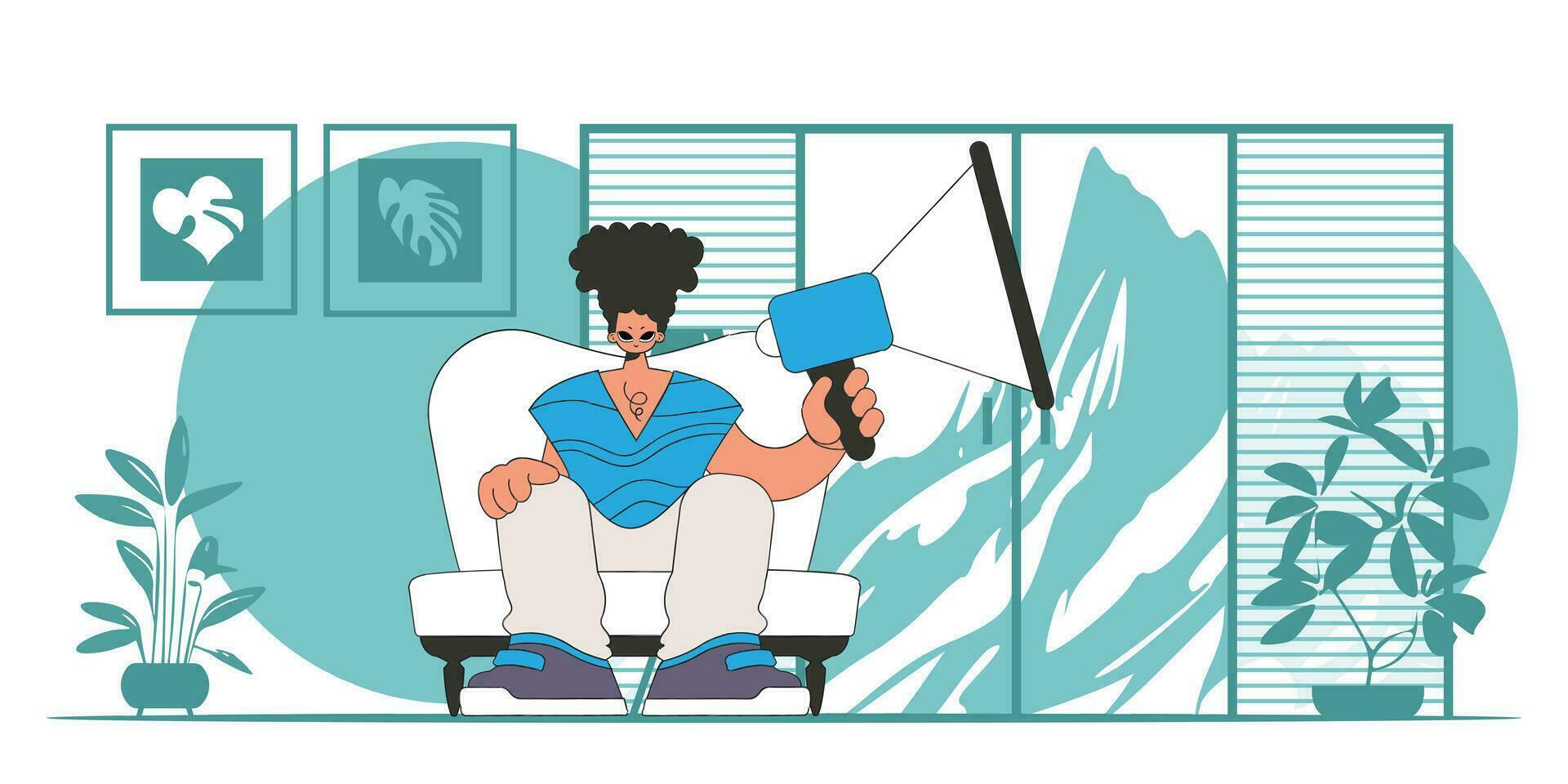 Vektor Illustration von ein Mensch Ressourcen Spezialist. ein jung Mann sitzt im ein Stuhl und hält ein Megaphon im seine Hand.