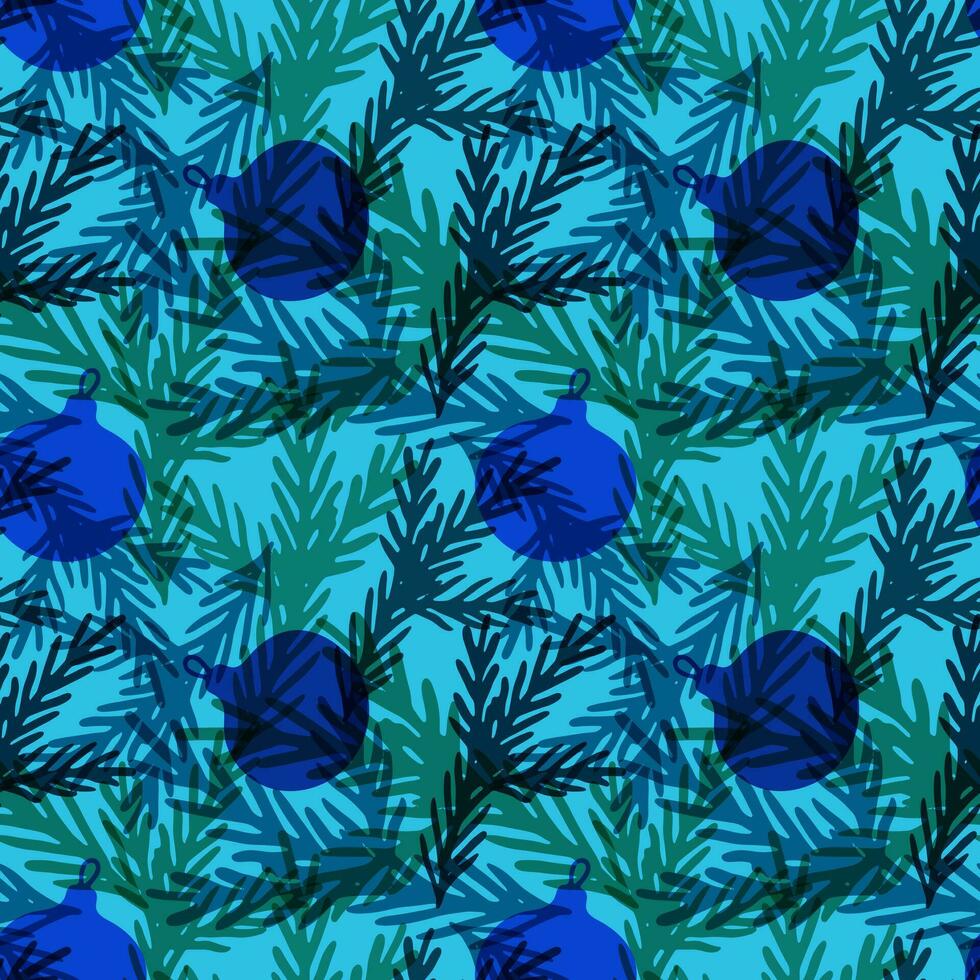 transparent einfarbig Winter Urlaub Baum Muster auf Blau Hintergrund. Hand gezeichnet Silhouette Kiefer Baum Geäst und Dekoration Bälle. eben minimalistisch Design zum Dekoration, Textil, Verpackung Papier vektor