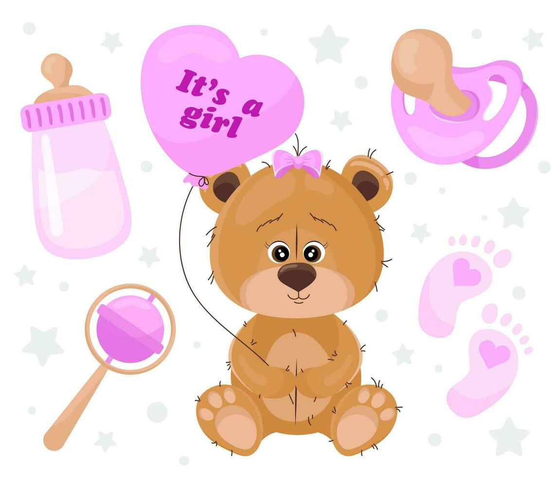 es ist ein Mädchen. Teddy Bär mit ein Ballon im das bilden von ein Herz und verschiedene Artikel zum das Baby. vektor