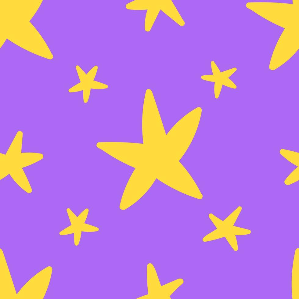 nahtlos Muster von süß fünfzackig Sterne von anders Größen auf ein lila Hintergrund. Nacht Himmel, Gekritzel Hand gezeichnet Elemente, Verpackung Papier, Hintergrund. vektor