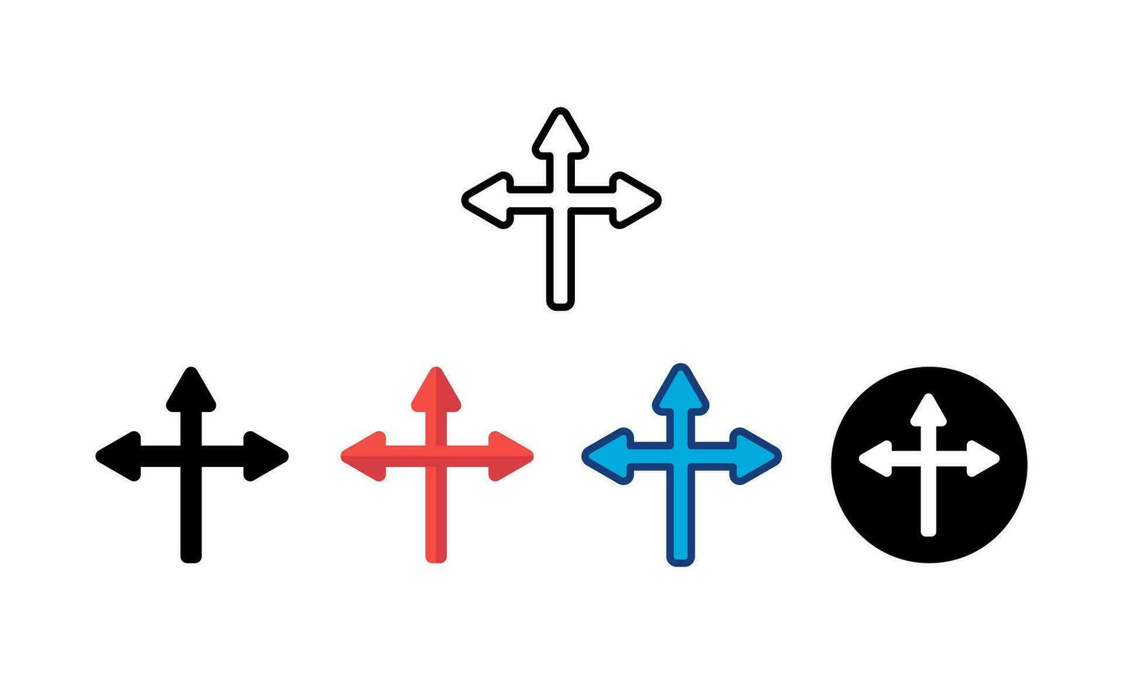 pil riktning ikon med tre väg alternativ. väg urval. väg korsning, 3 sätt på genomskärning ikoner uppsättning med 5 annorlunda typer av stilar, linje, Färg översikt, platt Färg, runda, svart fylla. vektor