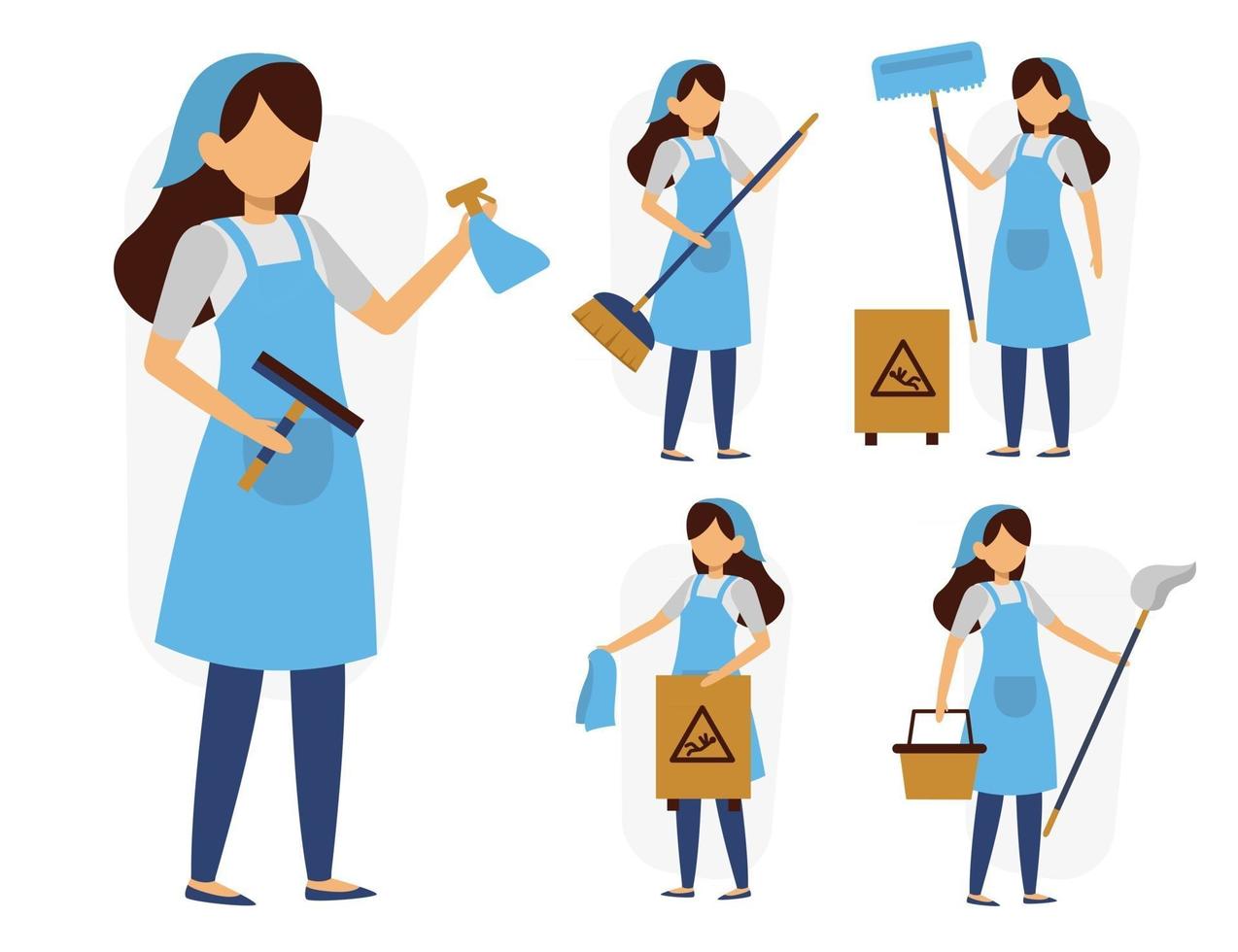 uppsättning kvinnlig hembiträde eller hushållerska i tecknad karaktärsvektor vektor
