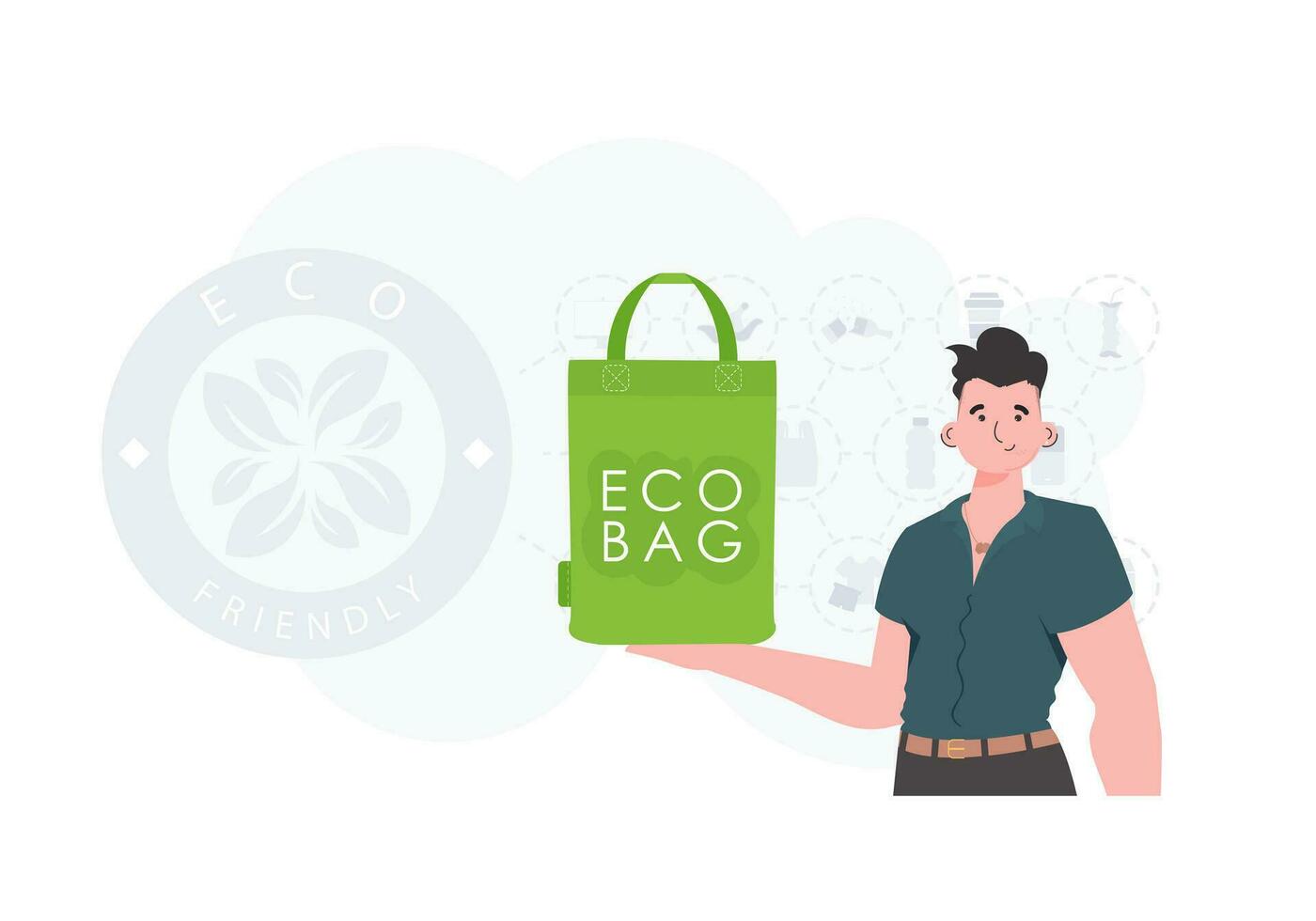 begrepp av grön värld och ekologi. en man innehar ett eco väska i hans händer. mode trend vektor illustration.