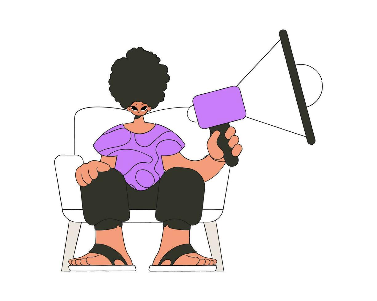 ein stilvoll Mann sitzt im ein Stuhl und hält ein Megaphon im seine Hand. geeignet zum verwenden im Kommunikation oder Protest thematisch Projekte. vektor
