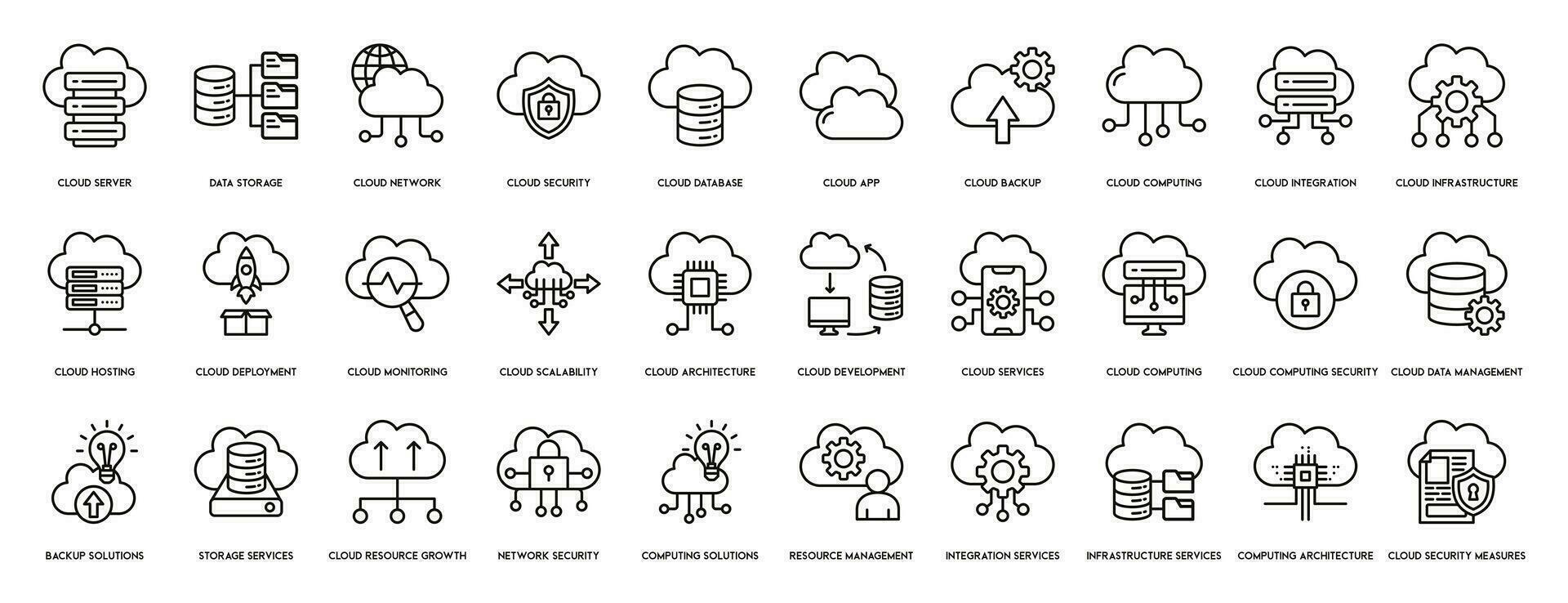 moln datoranvändning ikoner uppsättning av linje, moln tjänster, server, cyber säkerhet, digital omvandling. översikt ikon samling. vektor