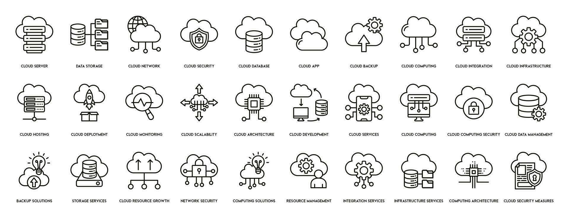 Wolke Computing Symbole einstellen von Linie, Wolke Dienstleistungen, Server, Cyber Sicherheit, Digital Transformation. Gliederung Symbol Sammlung. vektor