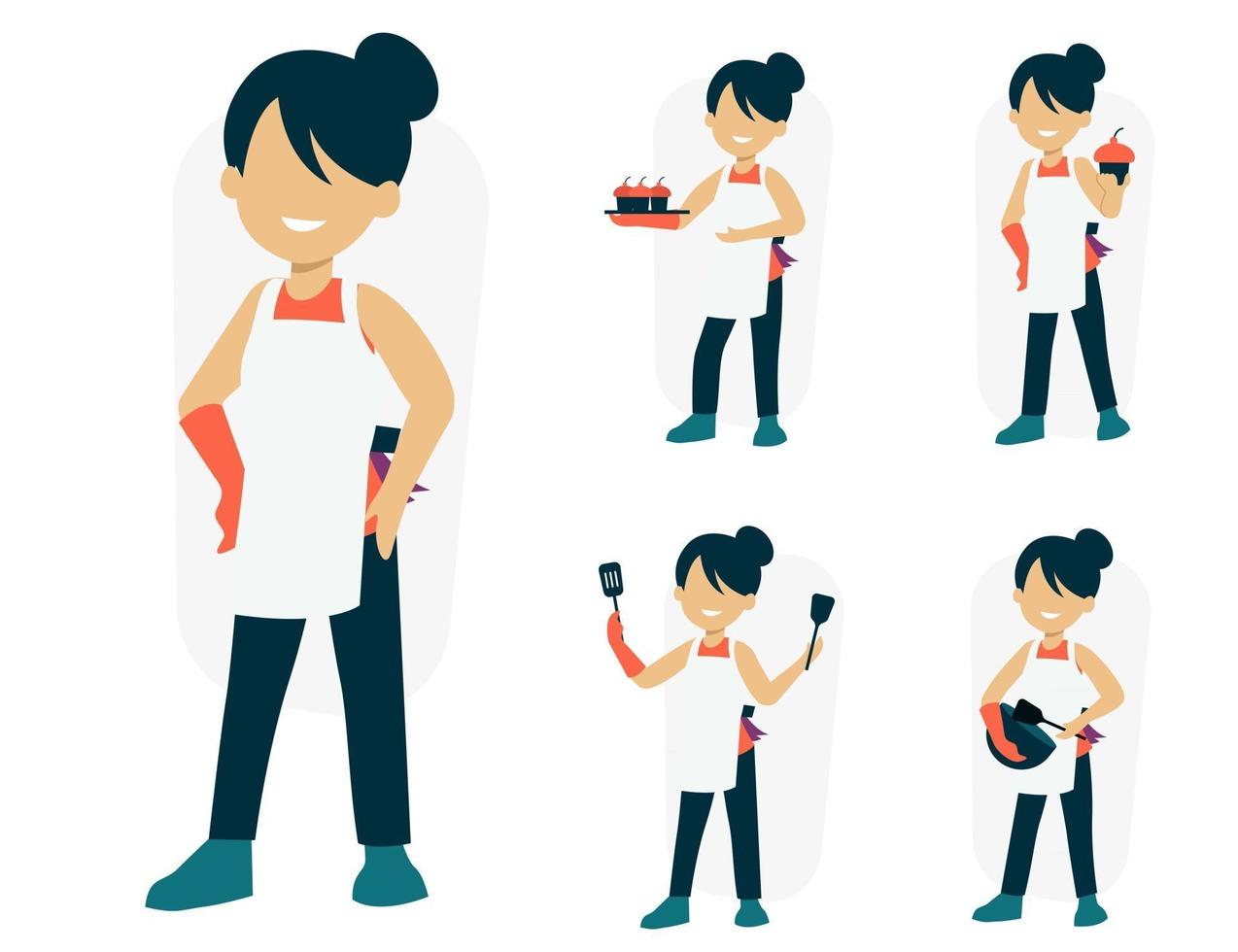 Satz von weiblichen Koch-Cartoon-Figur in verschiedenen Aktionen Vektor