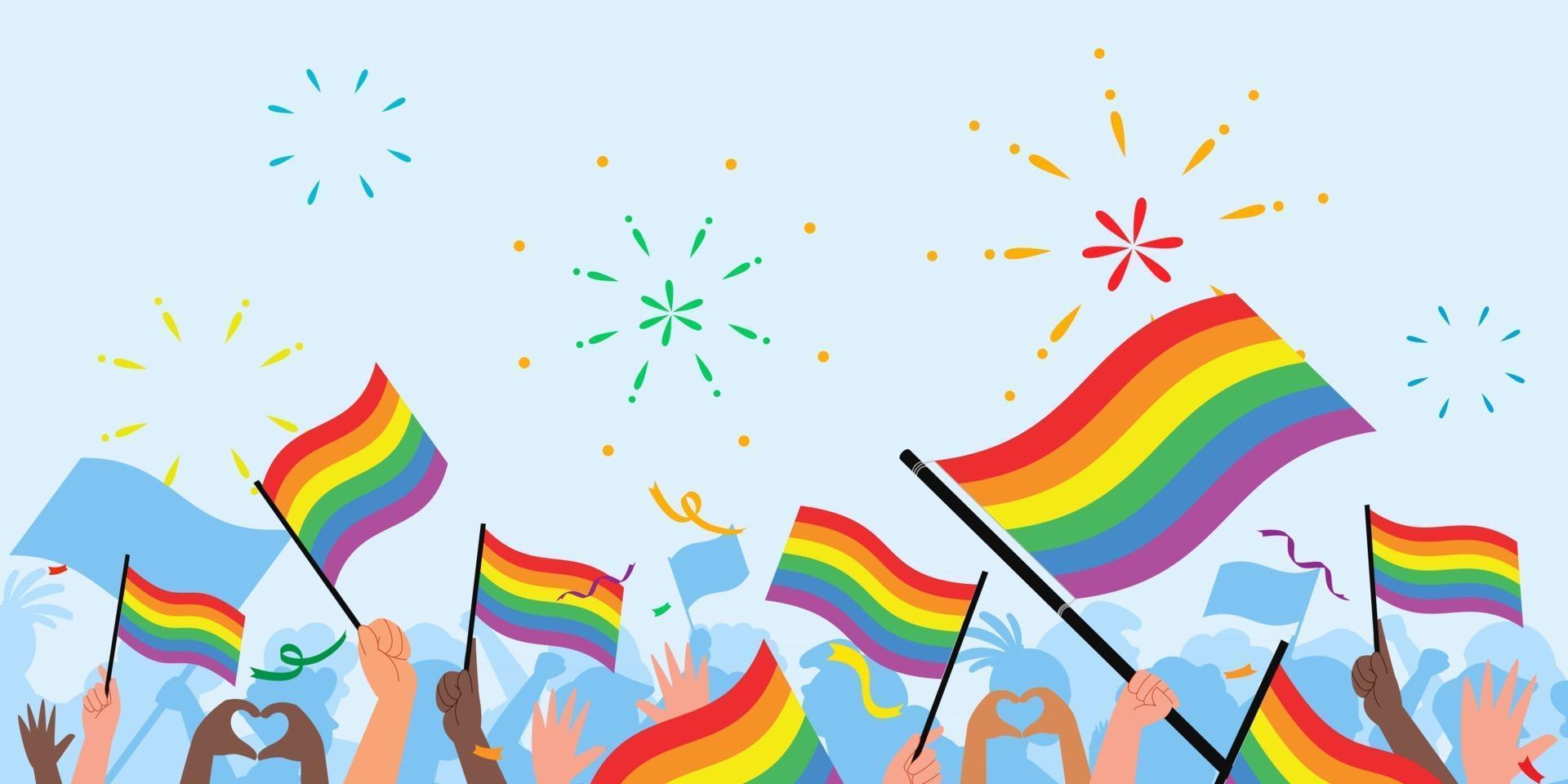 Stolz Tag Menschen. Flagge zum Tag des Stolzes. lgbt. Menschenmenge mit Regenbogenfahnen und Symbolen auf der Pride-Parade vektor
