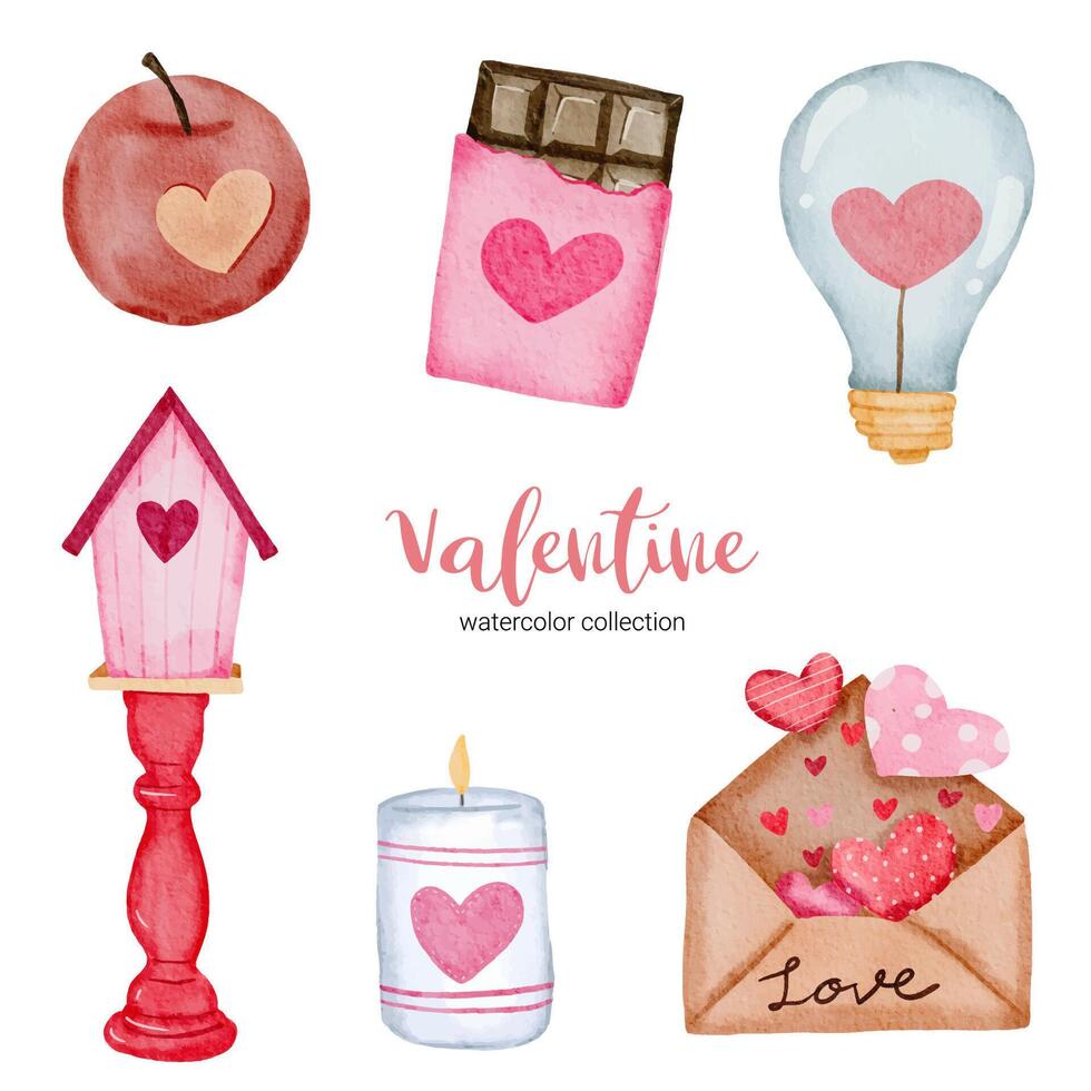 Valentinstag-Set-Elemente, Rahmen, Licht, Kerze, Apfel, Schokolade und mehr. Vorlage für Sticker-Kit, Gruß, Glückwünsche, Einladungen, Planer. Vektor-Illustration vektor