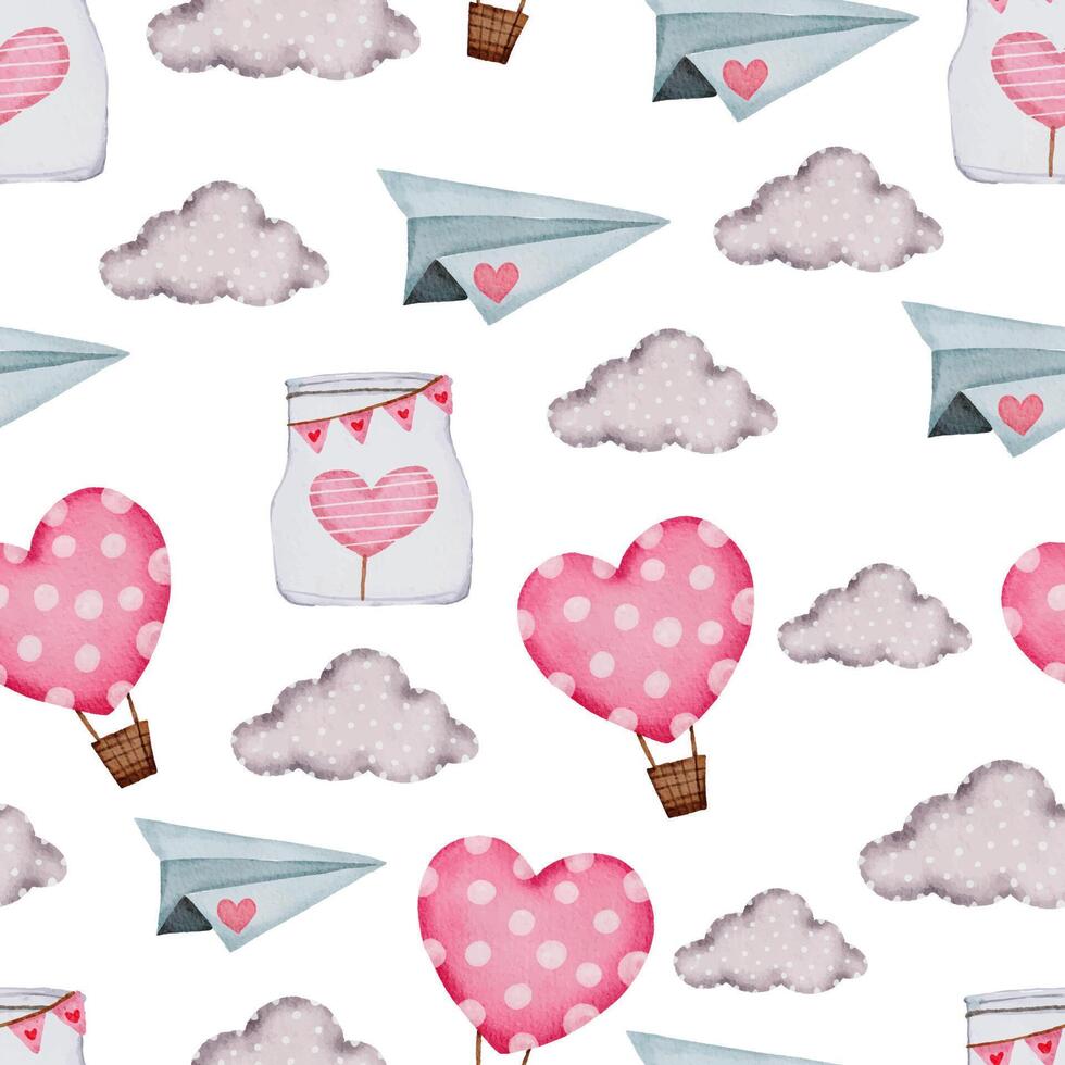 Alla hjärtans sömlösa mönster med moln, luftballong. perfekt för tapeter, webbsidans bakgrund, textil, gratulationskort och bröllopsinbjudningar vektor