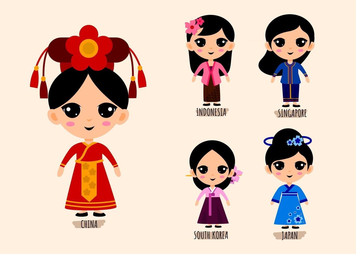 Reihe von Menschen in traditioneller asiatischer Kleidung Zeichentrickfiguren vektor