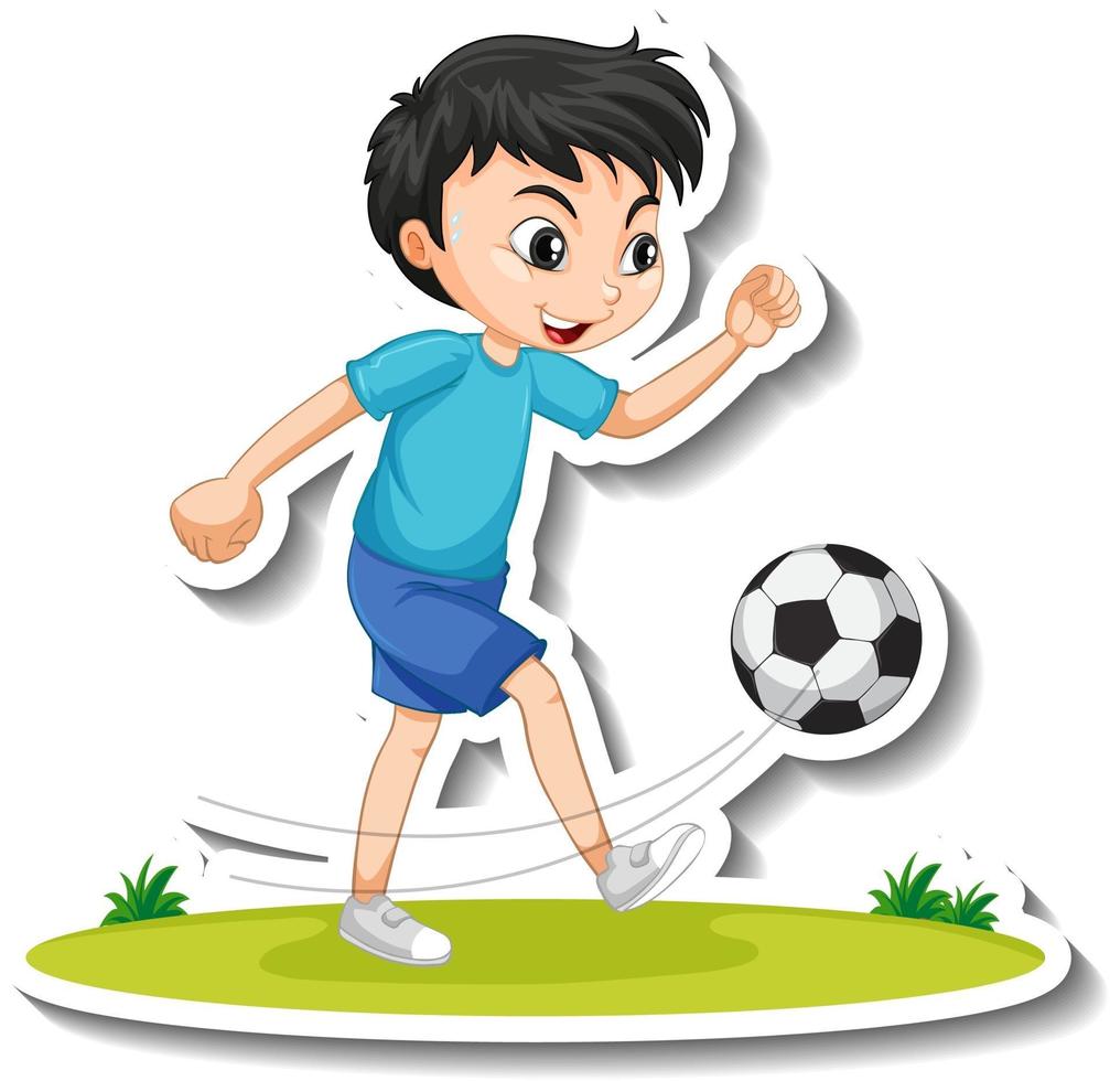 Zeichentrickfigur-Aufkleber mit einem Jungen, der Fußball spielt vektor