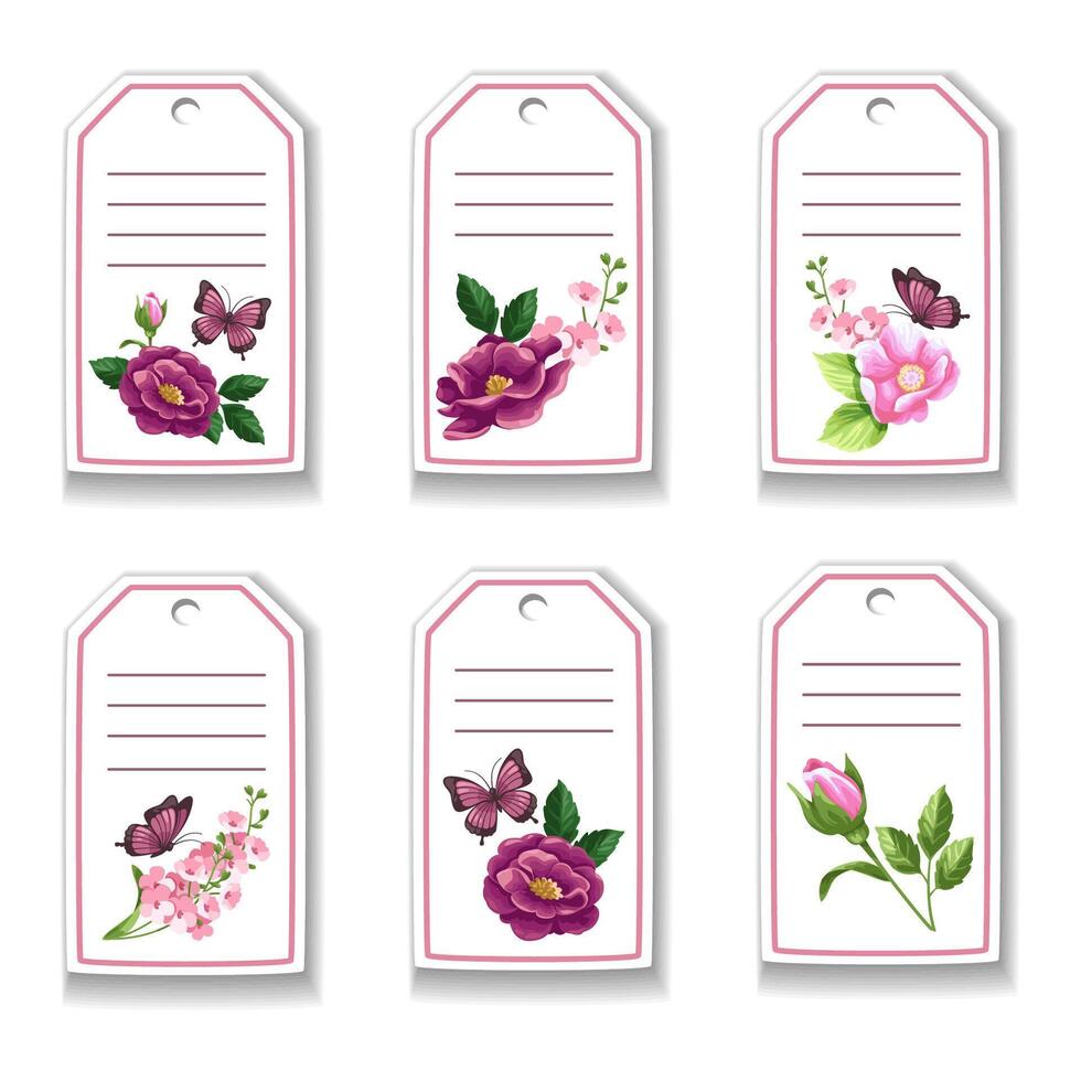 botaniska kort med blommor, rosor, fjäril, blad. vårprydnadskoncept. blommig affisch, bjud in. vektor layout dekorativa gratulationskort eller inbjudan design bakgrund. handritad illustration