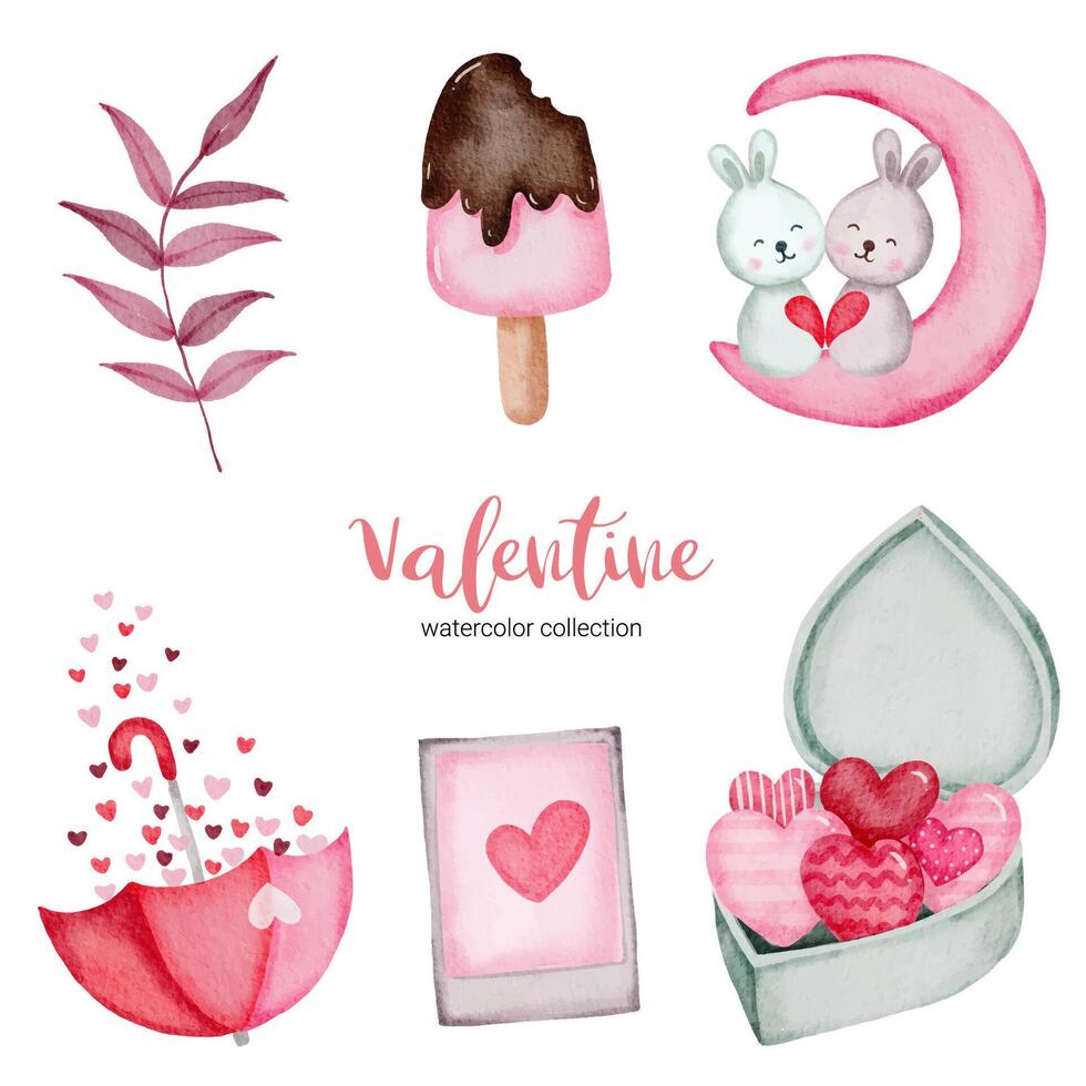 valentinstag set elemente kaninchen, eis, bücher und mehr. Vorlage für Sticker-Kit, Gruß, Glückwünsche, Einladungen, Planer. Vektor-Illustration vektor