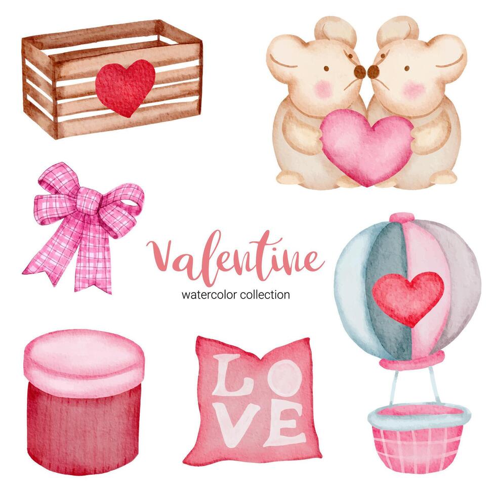 valentinstag set elemente kissen, luftballon, maus und mehr. Vorlage für Sticker-Kit, Gruß, Glückwünsche, Einladungen, Planer. Vektor-Illustration vektor