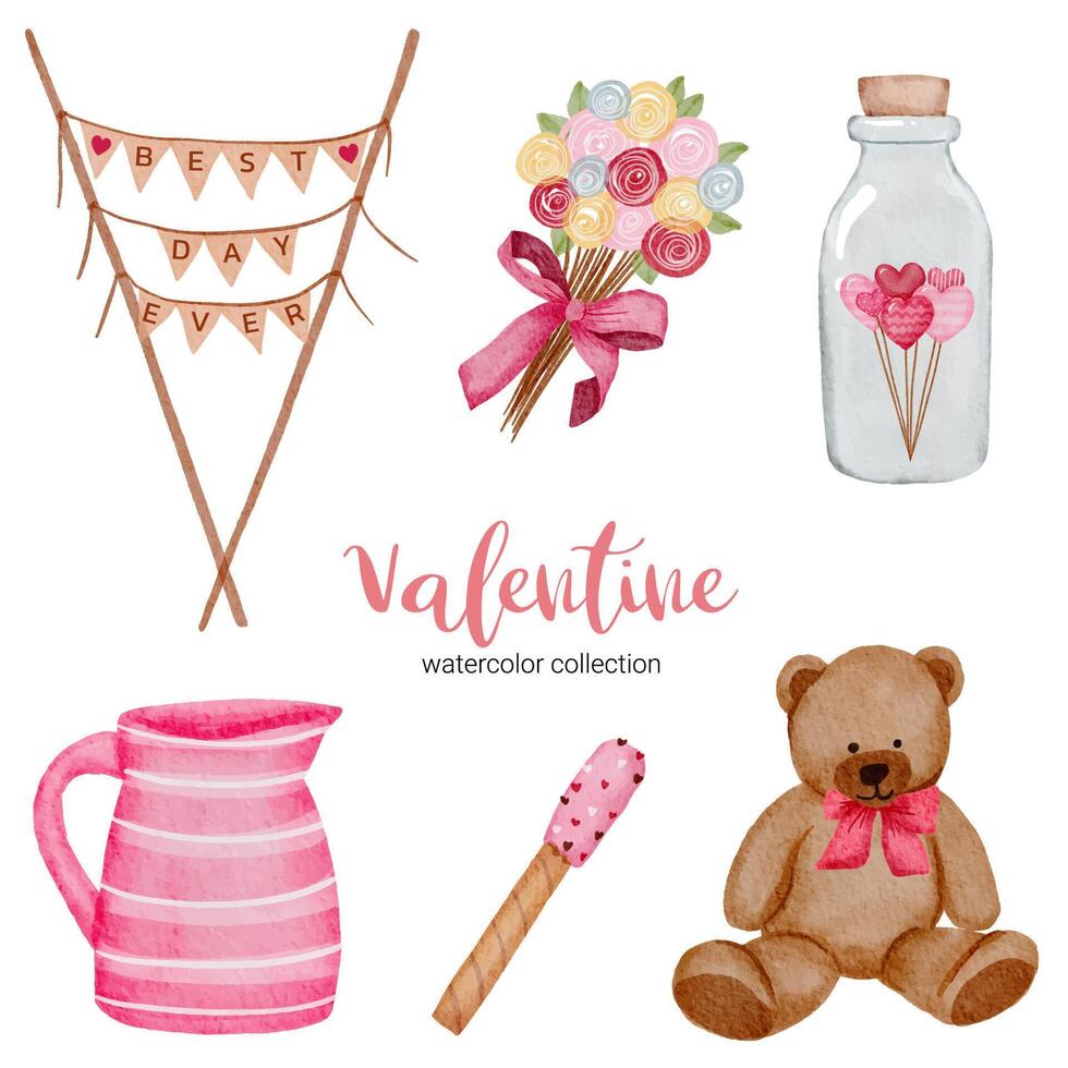 Valentinstag-Set-Elemente, Teddy, Glas, Flasche und mehr. Vorlage für Sticker-Kit, Gruß, Glückwünsche, Einladungen, Planer. Vektor-Illustration vektor