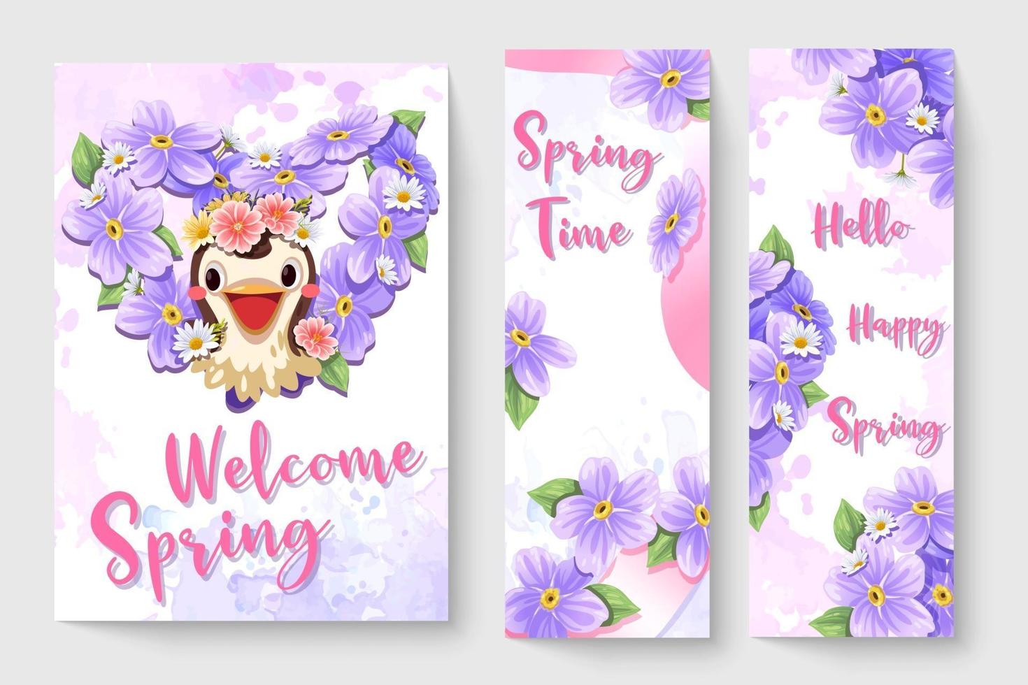 akvarell illustration av blommor med söt fågel. inbjudan mall hej vår, vårtid, våren är här med blommig bakgrund. hej vårbokstäver vektor