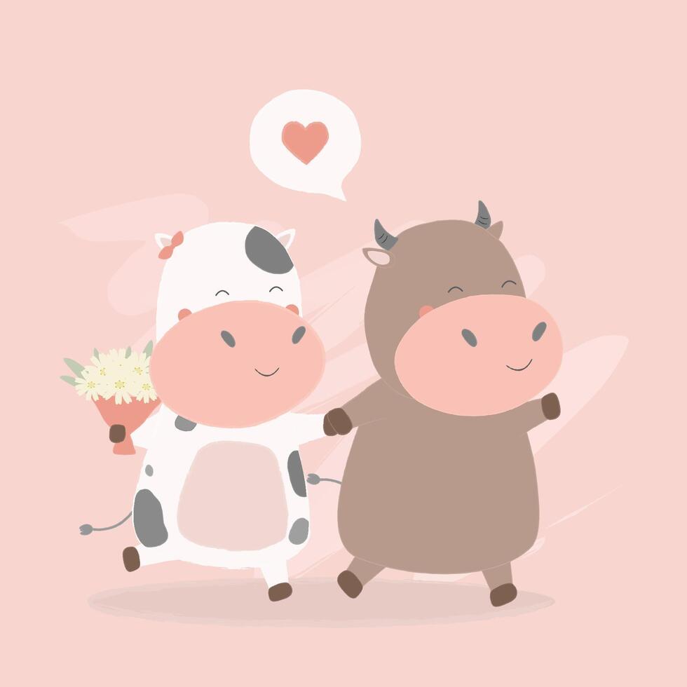 Vector Illustration von zwei glücklichen Kuh, die miteinander gehen. mit Blumen in der Hand. Grußkartenkonzept zum Valentinstag. teile deine Liebe
