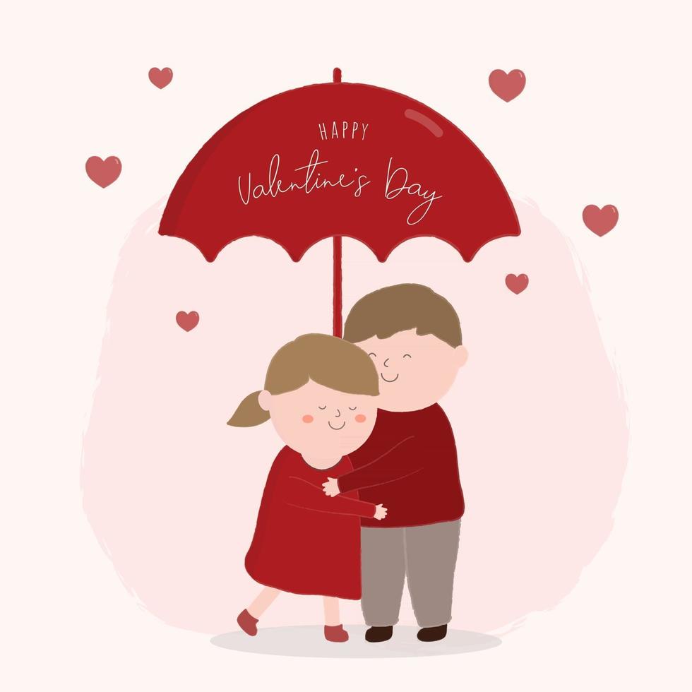 glad Alla hjärtans dag festival koncept med liten karaktär. älskande par som håller paraply under regnande hjärtan och älskar känslor platt vektorillustration. vektor
