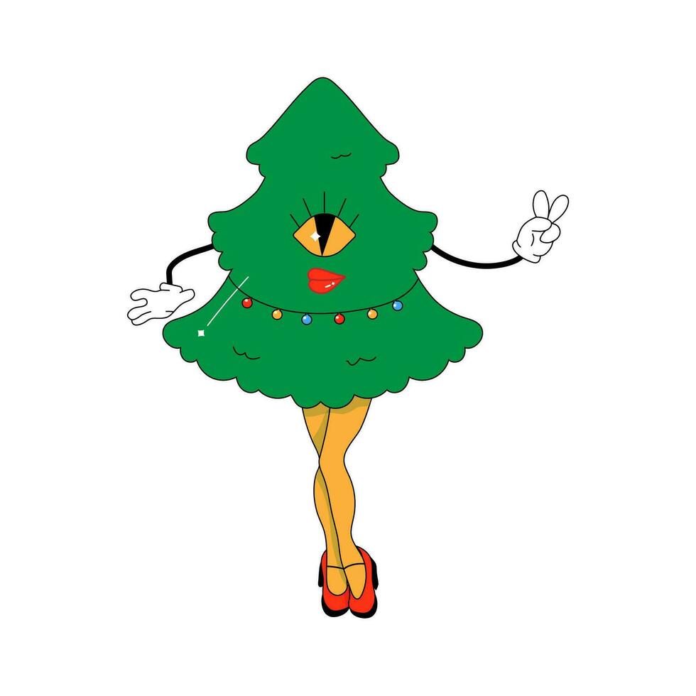 psychedelic häftig jul träd, med 80s kvinna ben, karaktär . vektor