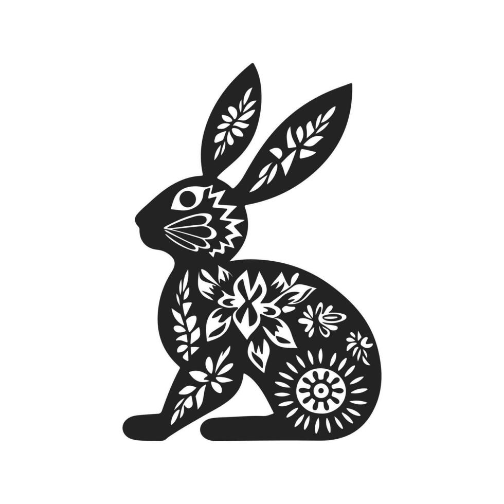 Ostern Hase Silhouette mit Blumen- Ornament. schwarz und Weiß Vektor Illustration