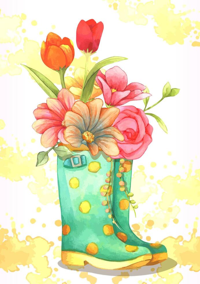 Aquarellillustration. Gelbe gepunktete Gummistiefel mit Blumen auf einem Hintergrund. Frühlingsthema. Komposition für die Gestaltung. Grußkarte, Postkarte, Poster vektor