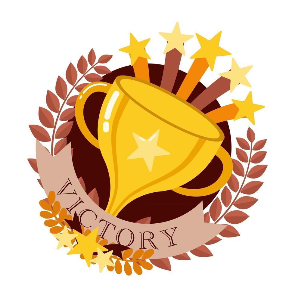 Siegertrophäe Goldpokal mit rotem Band auf grauem Hintergrund isoliert. Vektor-Illustration. vektor