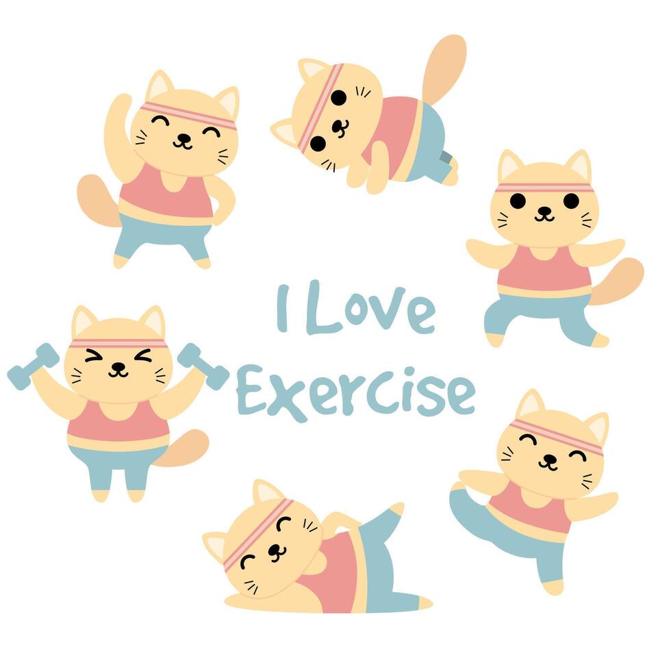 stor uppsättning isolerade djur. vektor insamling av aktivitet, gimnastic, yoga, motion roliga djur. söta djur katt i tecknad stil.
