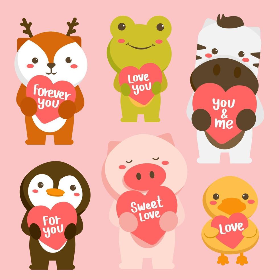 großer isolierter Vektor mit Tieren im Cartoon-Stil mit Liebeszeichen. Vektorsammlung für die Valentinstagsfeier. heller Farbhintergrund.