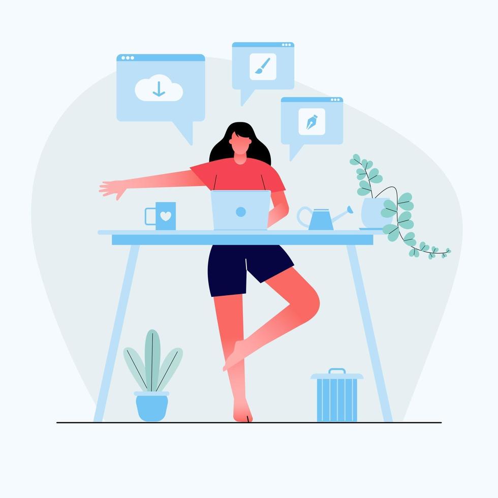 affärskvinna gör yoga för att lugna ner de stressiga känslorna från hårt arbete i hemmets baksida skrivbord med affärsprocess ikoner på bakgrund. begreppet arbete och meditation. modern vektorillustration. vektor