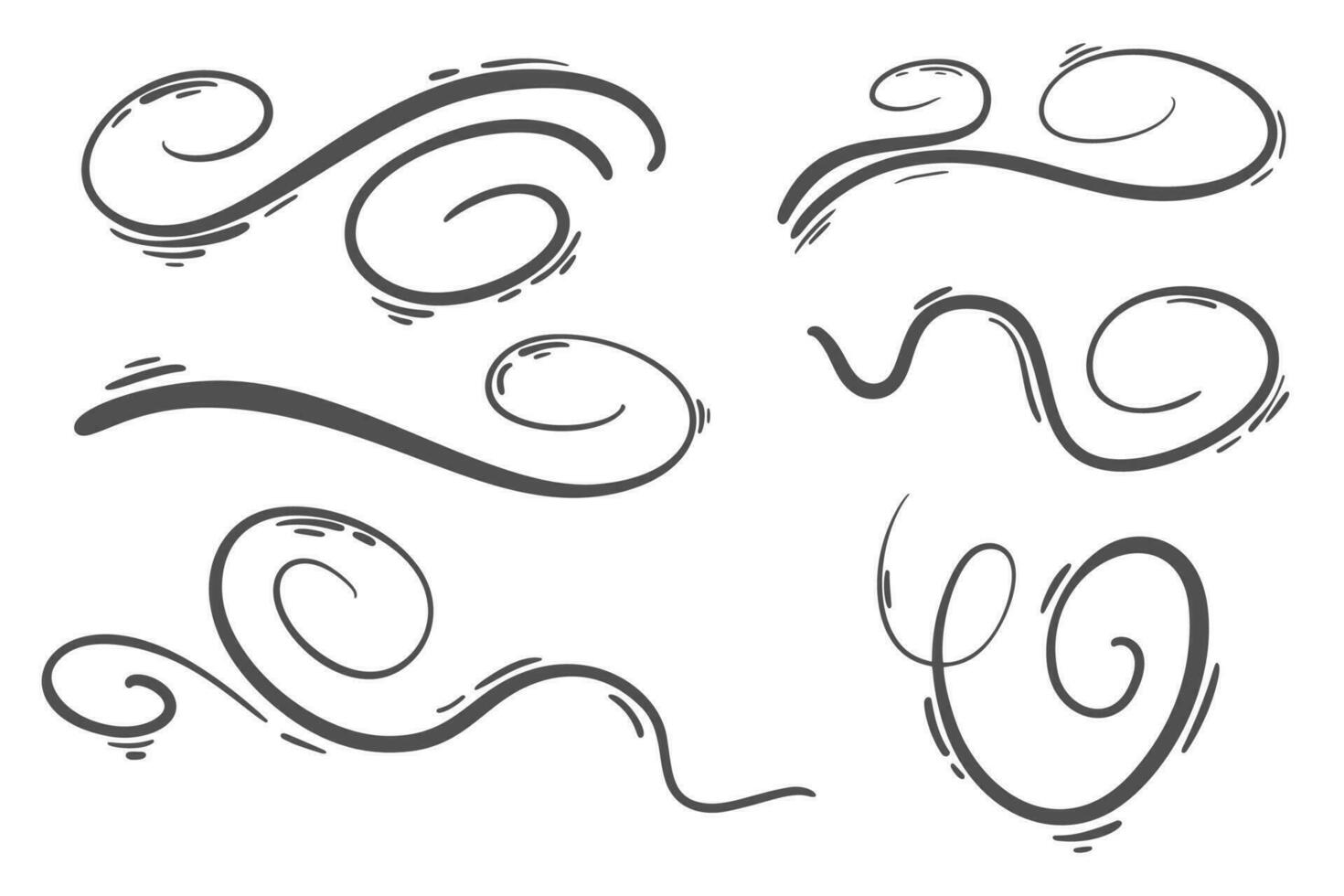 Wind und Luft Bewegung Linien. Hand gezeichnet Karikatur Skizze. Gekritzel Strudel Wellen von Rauch. Spiral- Kurve Brise Fluss. Vektor Kunst
